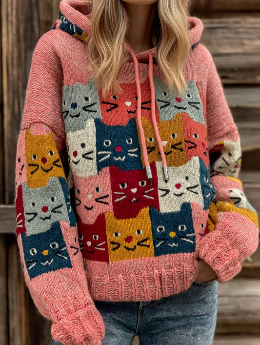 Women's Colorful Cats Pattern Art Cozy Knit Hooded Sweater elevenforest