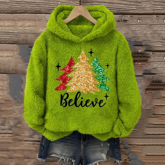 Comstylish Women's Christmas Tree Plush Hoodie