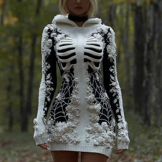 Comstylish Halloween Skeleton Rose With Spiderweb Art Cozy Knit Hooded Sweater Dress