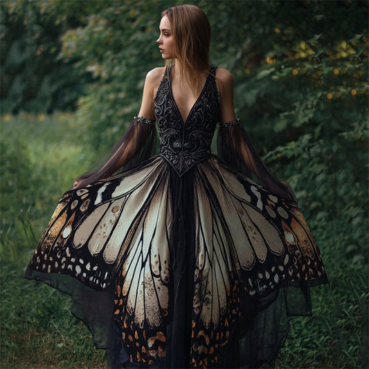 Comstylish Vintage Viking Mystical Butterfly Wings Flowy Maxi Dress