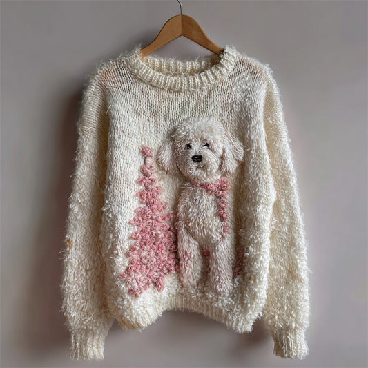 Comstylish Lovely Fuzzy Dog & Pink Christmas Tree Cozy Fuzzy Sweater