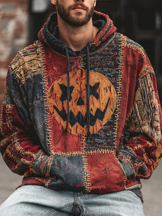 Halloween Pumpkin Emoji Stitching Irregular Patchwork Men's Hoodie artswardrobe