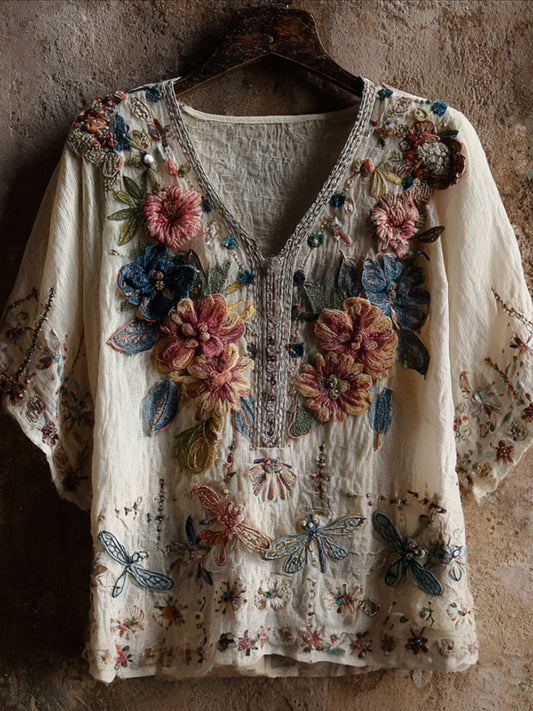 Bohemian Style Vintage Color Plant Flower Embroidery V-neck Short-sleeved Shirt artswardrobe