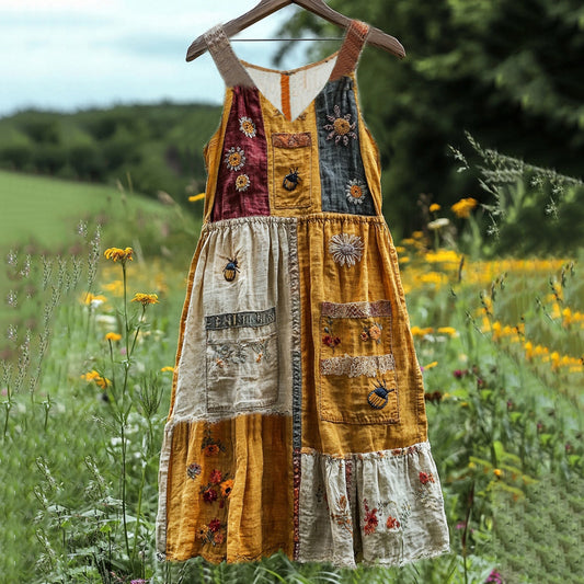 Insect Wildflower Floral Embroidery Art Linen Tank Dress artswardrobe