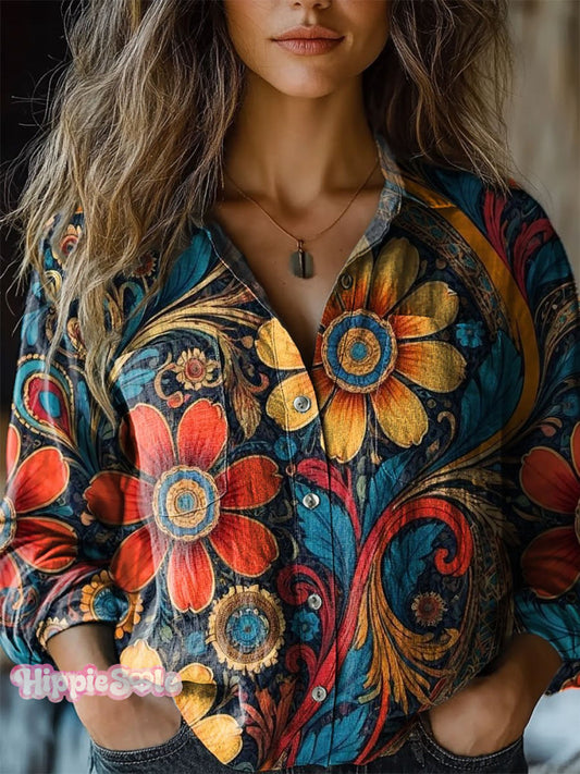Women's Retro Flowers Print Casual Long Sleeve Comfortable Cotton Shir