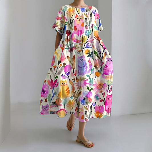 Comstylish Women's Vintage Floral Cat Art Crew Neck Dress