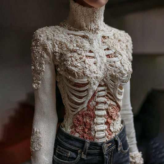 Comstylish Women's Vintage Skeleton & Floral Art Cozy High Neck Sweater