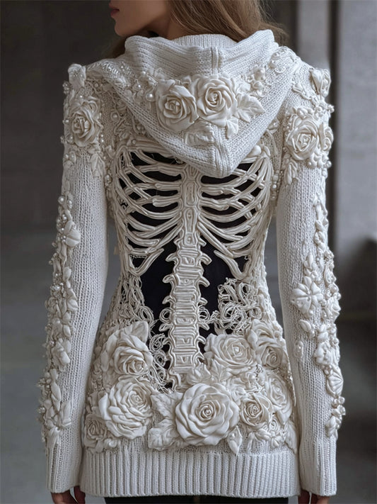 Comstylish Classy White Roses Beaded Skeleton Hooded Cozy Knit Cardigan
