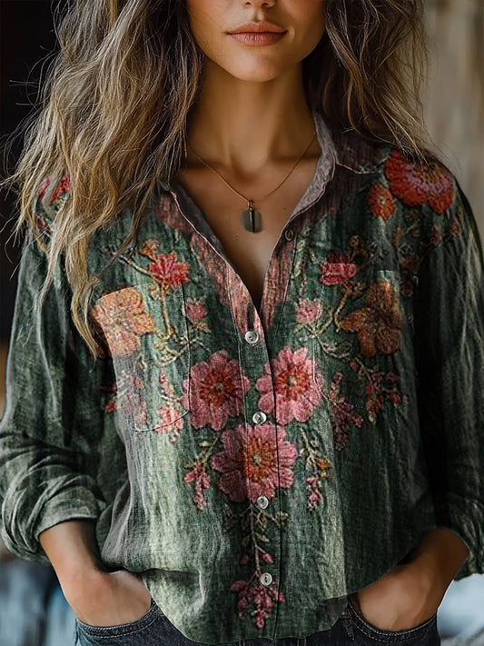 Women's Vintage Floral Pattern Art Print Casual Long Sleeve Comfortabl