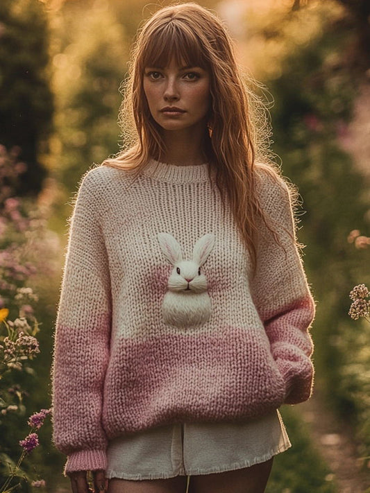 Women's Cute Bunny Pattern Gradient Color Cozy Knit Sweater artswardrobe