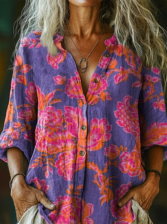 Women's Colorful Hippie Floral Power Art Pattern Print Casual Cotton L