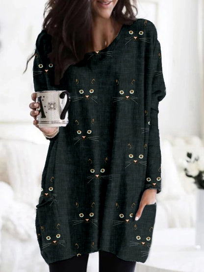 Comstylish Cute Cat Face Pattern Patch Pocket Comfy Tunic
