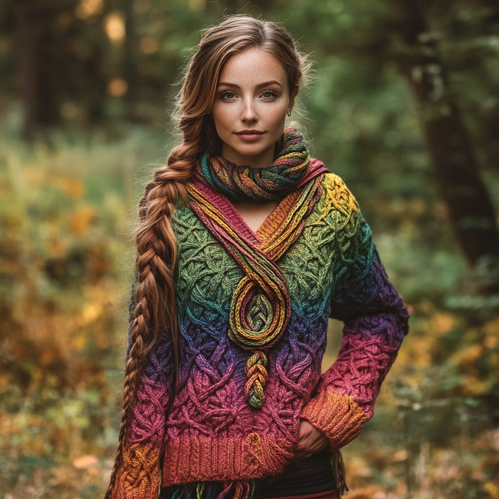 Women's Irish Celtic Knotted Color Gradient Design V Neck Sweater artswardrobe