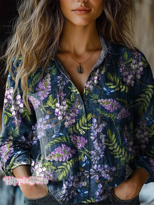 Lavender Repeat Pattern Printed Women's Casual Long Sleeve Comfortable