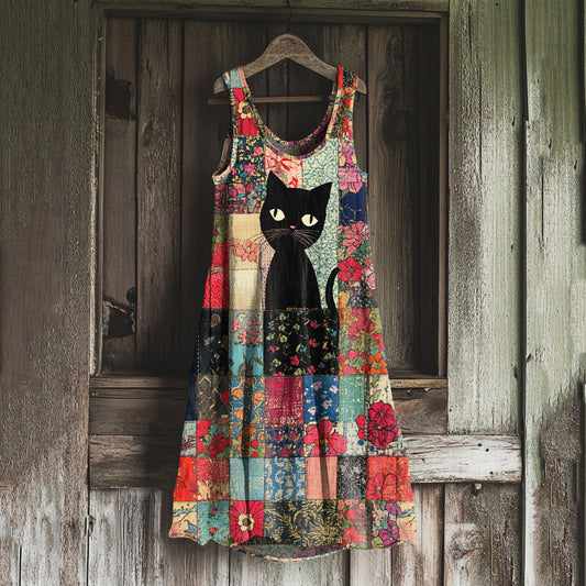 Comstylish Vintage Cat Floral Patchwork Art Linen Blend Tank Dress