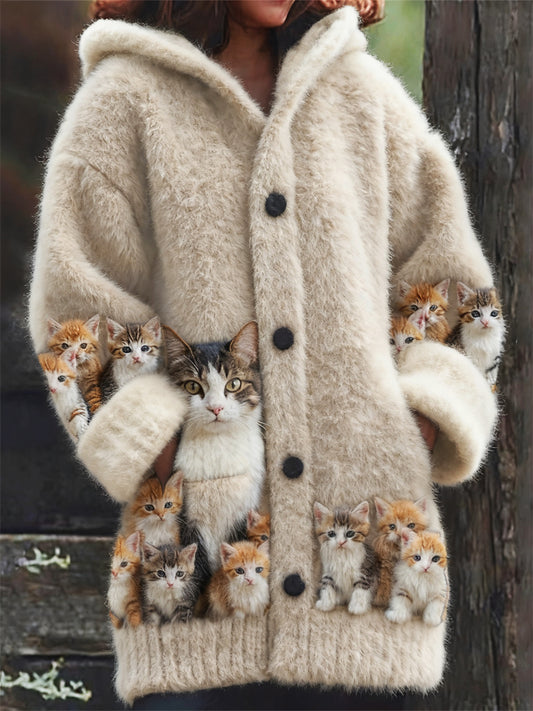 Comstylish Lovely Fuzzy Cat Family Cozy Hooded Cardigan