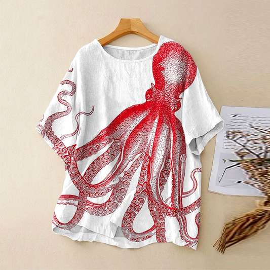 Vintage Bohemian Abstract Octopus Linen Art Print Short Sleeve Round Neck Shirt artswardrobe