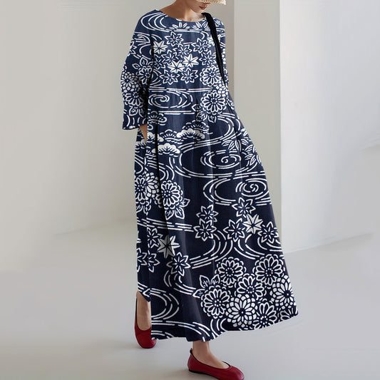 Comstylish Japanese Art Print Round Neck Loose Midi Dress