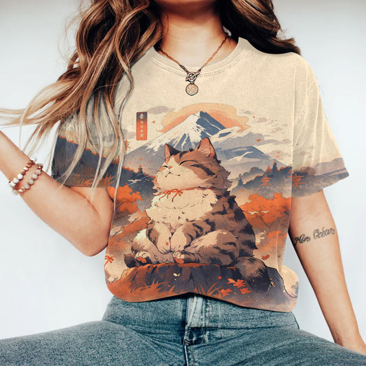 Casual Cat And Mountain Landscape Print Crew Neck T-Shirt elevenforest