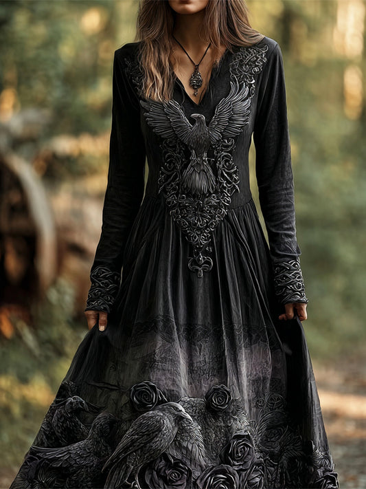 Comstylish Halloween Crow Witch Artistic Women's V-neck Long-sleeve Maxi Dress