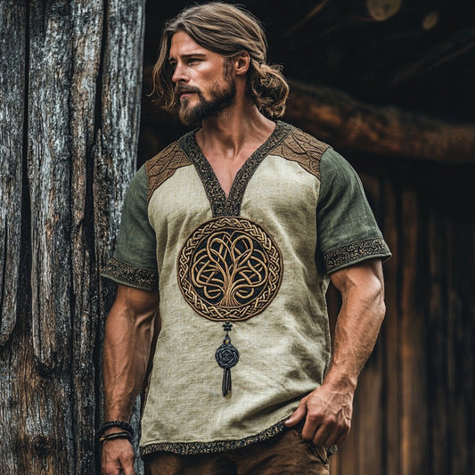 Men's Viking Life Of Tree Celtic Knot Art Linen V-neck T Shirt artswardrobe