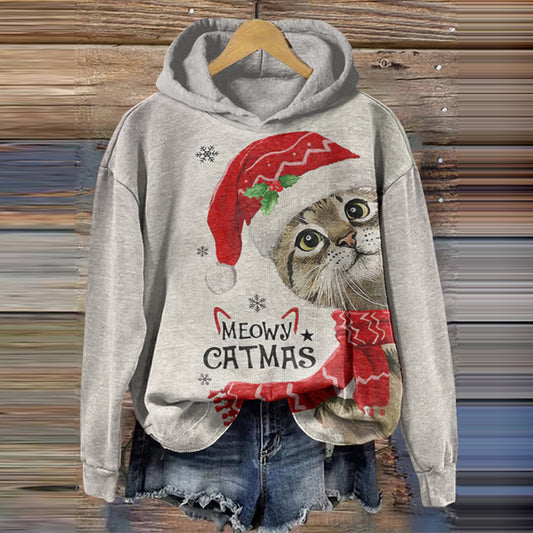 Retro Meowy Christmas Cat Print Hoodie elevenforest