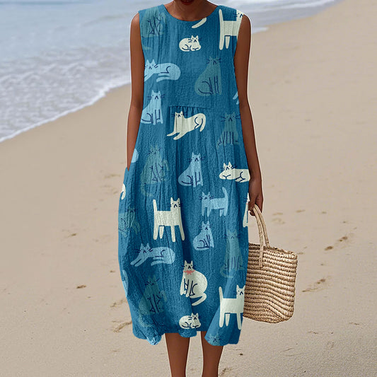 Lovely Cats Pattern Print Linen Tank Dress
