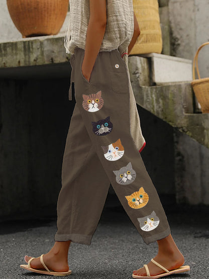 Cute Cats Animal Embroidery Pattern Linen Pants elevenforest