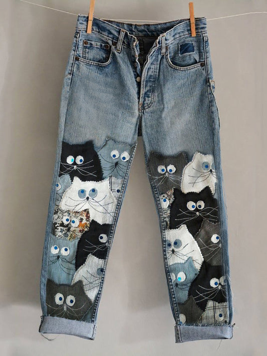 Comstylish Lovely Crowded Cats Denim Fiber Art Washed Jeans