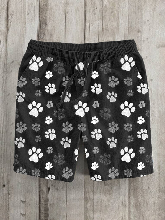 Paw Print Linen Blend Casual Shorts elevenforest