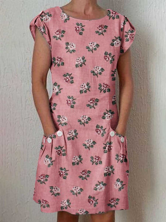 Women's Classic Floral Pattern Dress with Pockets