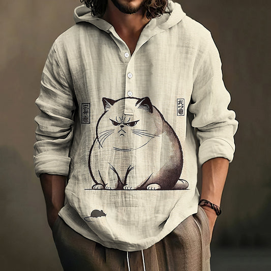 Men's Cat And Mouse Japanese Art Print Linen Hooded Shirt artswardrobe