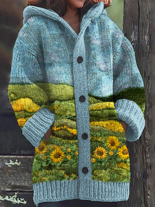 Sunflowers Field Landscape Felt Art Cozy Knit Hooded Cardigan artswardrobe