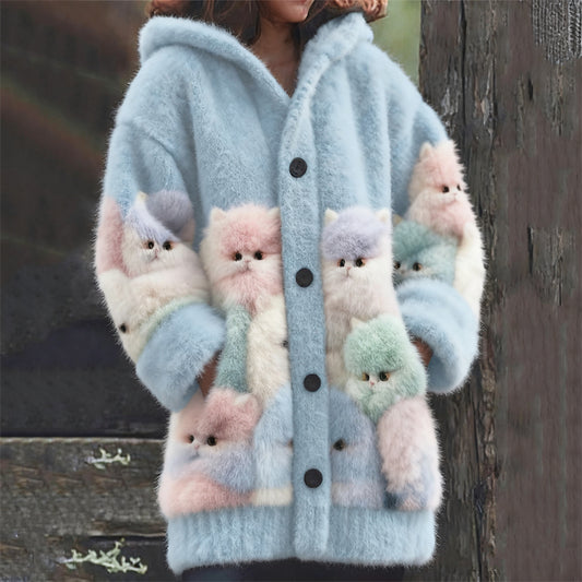 Colorful Fuzzy Cats Cozy Knit Hooded Cardigan elevenforest