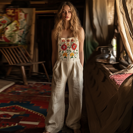 Vintage Floral Embroidered Pattern Art Linen Blend Loose Casual Jumpsuit artswardrobe