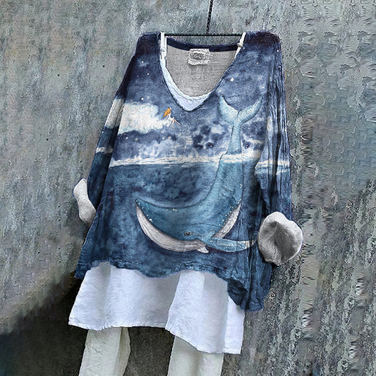Vintage Fantasy Humpback Whale Dreamy Art Pattern Linen Blend Tunic artswardrobe