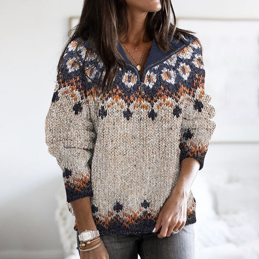 Vintage Geometry Contrast Jacquard Ziper Cozy Sweater elevenforest