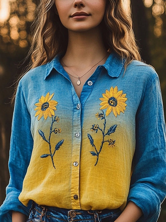 Sunflowers Embroidered Contrast Color Linen Blend Shirt artswardrobe