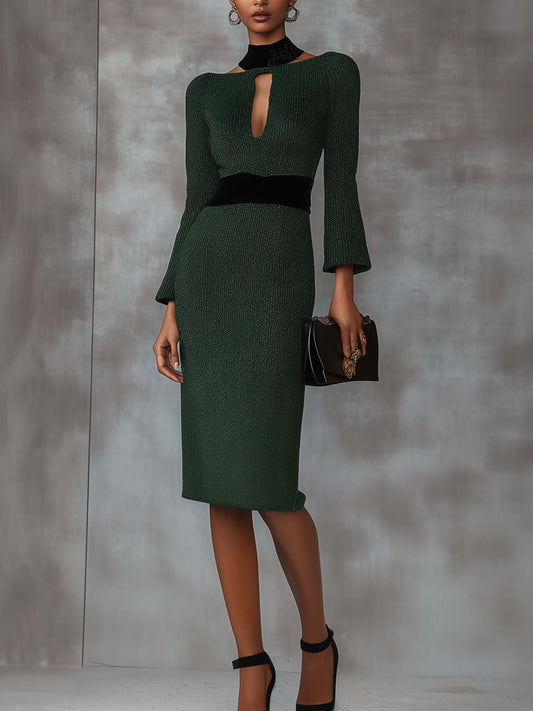 Emerald Green Knitted Midi Dress With Black Neckline And Belt