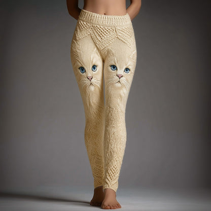 Comstylish Cute Cat Face Embroidered Cozy Knit Leggings