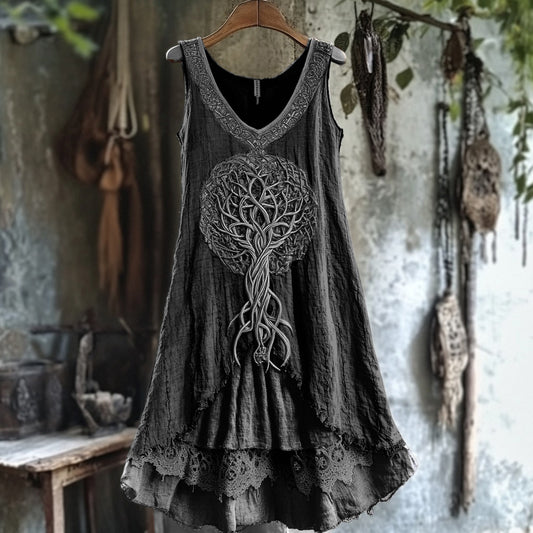 Tribal Tree Of Life Lace Patchwork Art Linen Tank Dress artswardrobe