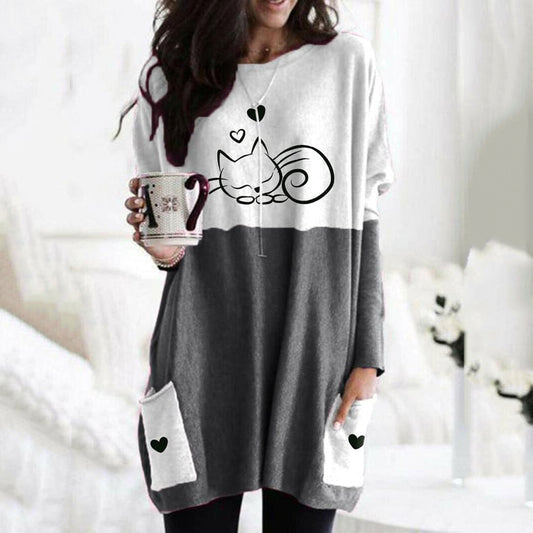 Comstylish Cute Cat Print Long Sleeved Tunic