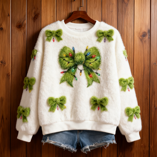 Comstylish Lady Christmas Retro Bow Tie Round Neck Flannel Sweatshirt