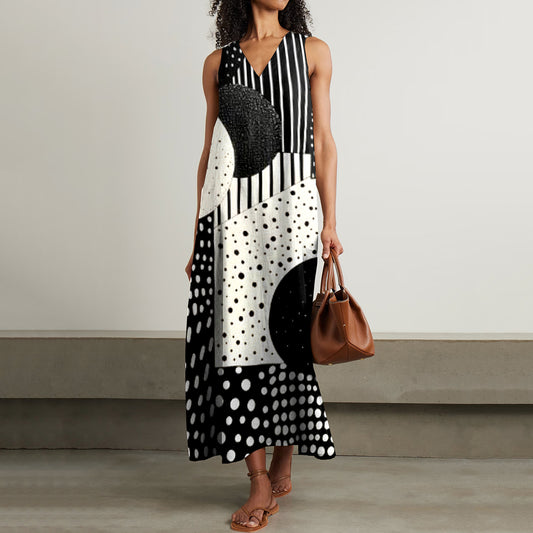 Women's Vintage Stripe Polka Dot Stitching Art Sleeveless Dress artswardrobe