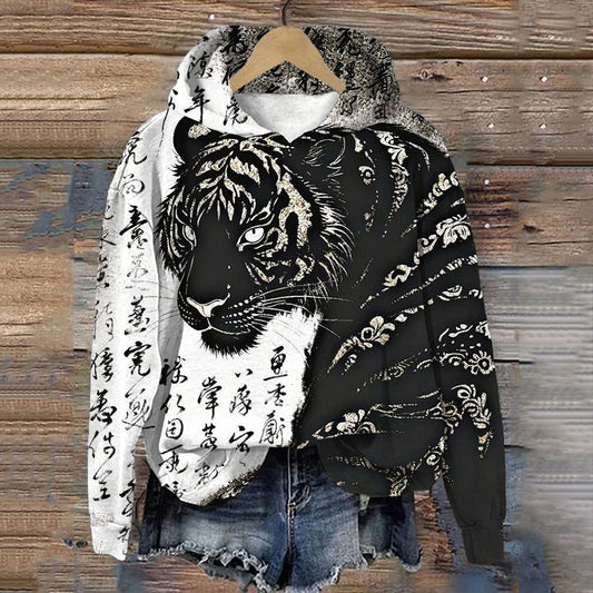 Vintage Tiger Calligraphy Art Pattern Comfy Hoodie elevenforest