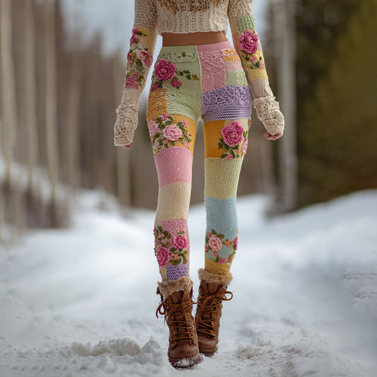 Women's Vintage Floral Patchwork Cozy Knit Leggings