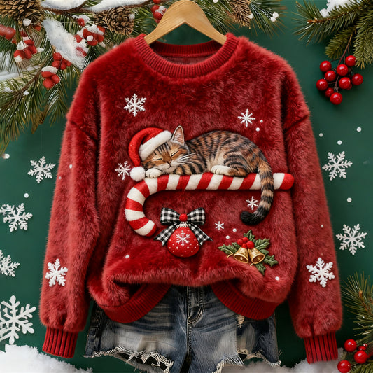 Christmas Sleeping Cat Women's Fleece Sweater elevenforest