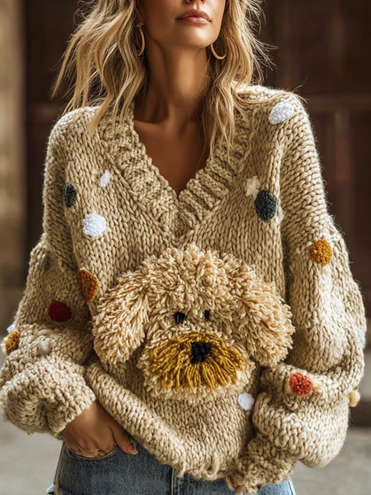 Comstylish Lady Retro Cute Dog Plush Comfortable Knitted Sweater.