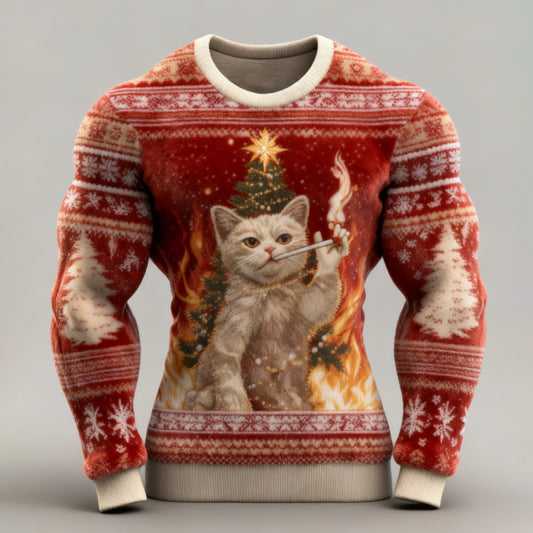 Comstylish Men's Fun Christmas Cat Comfortable Crew Neck Plush Sweatshirt