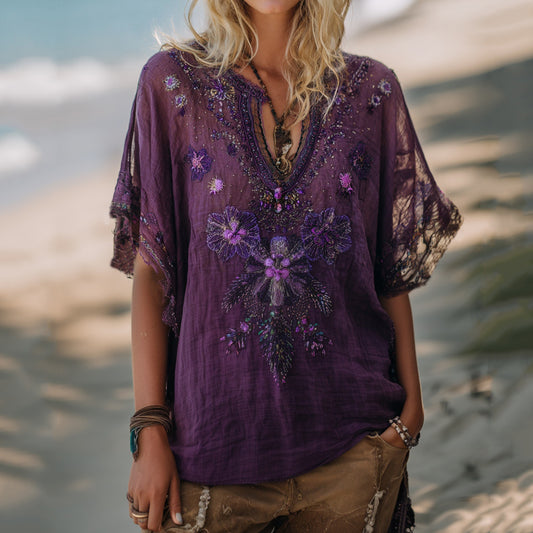 Women's Pansy Embroidered Sequined Holiday Short Sleeve T-shirt artswardrobe